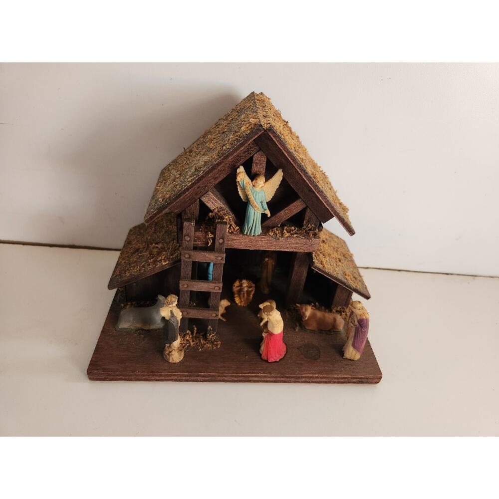 Nativity Scene Figurine Set with Wooden Stable W/Music Box VTG